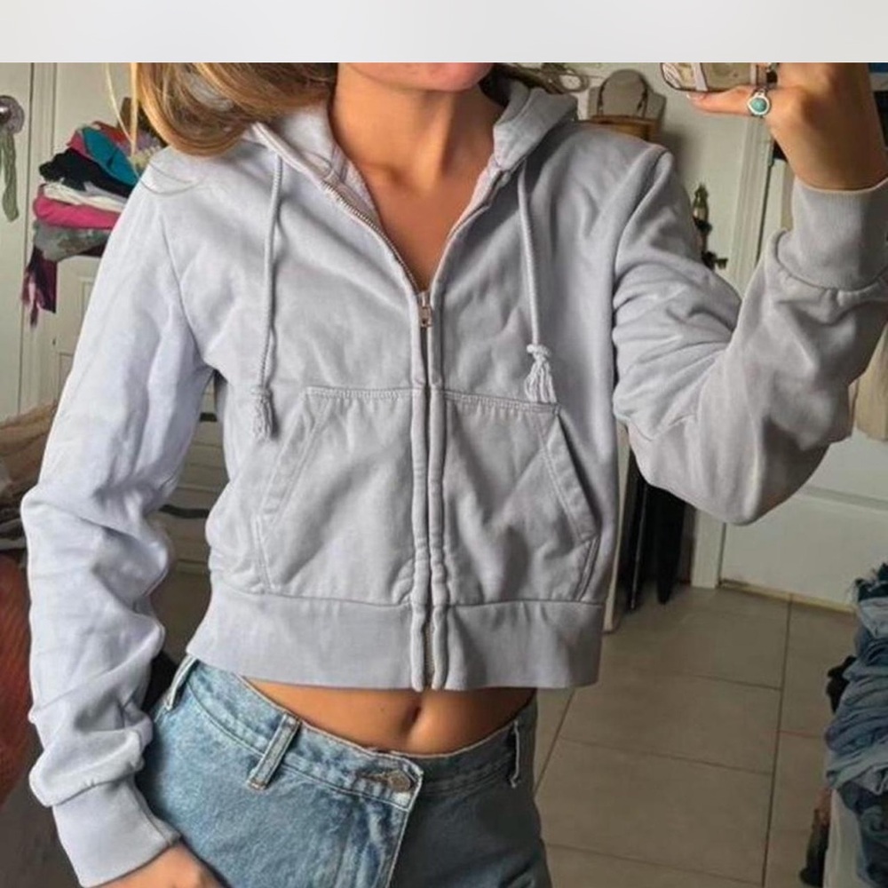 Light Gray/ Blue Croppd Zip-Up Hoodie